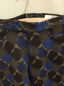 STAR 69, Brown, Tan Brown, Royal Blue, Polyester, Geometric, Overlapping Circles Pattern, Double Knit Polyester, Flat Front, Tab Waist, Zip Fly, Straight Leg,