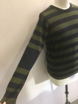 Mens, Pullover Sweater, JUICY COUTURE, Olive Green, Charcoal Gray, Wool, Stripes - Horizontal , XXL, Crew Neck, Long Sleeves, Sleeve Has Wide Stripe at Elbow, Back Has Purl '74'