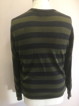 Mens, Pullover Sweater, JUICY COUTURE, Olive Green, Charcoal Gray, Wool, Stripes - Horizontal , XXL, Crew Neck, Long Sleeves, Sleeve Has Wide Stripe at Elbow, Back Has Purl '74'