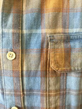 N/L, Rust Orange, Lt Blue, Mustard Yellow, White, Cotton, Plaid, Flannel, Long Sleeve Button Front, Collar Attached, 2 Pockets