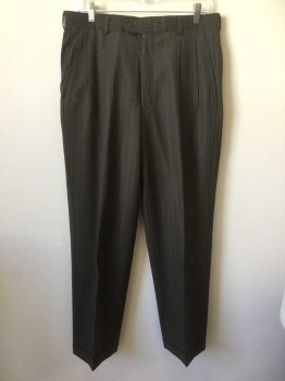 Mens, Suit, Pants, SOCIETY BRAND, Brown, White, Goldenrod Yellow, Polyester, Wool, Stripes - Pin, 29, 34, Double Pleats, Belt Loops, Zip Fly, Button, Cuffed Hem, Tab Closure,