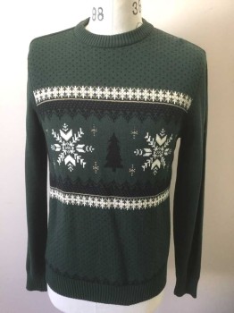 Mens, Pullover Sweater, DOCKERS, Dk Green, Black, Cream, Beige, Cotton, Novelty Pattern, Dots, S, Dark Green with Snowflakes, Christmas Trees, and Dots Pattern Knit, Long Sleeves, Crew Neck