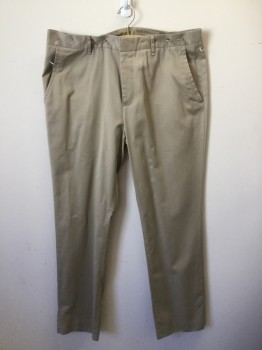Mens, Casual Pants, BONOBOS, Khaki Brown, Cotton, Polyester, Solid, 33, 38, Flat Front, Zip Front,