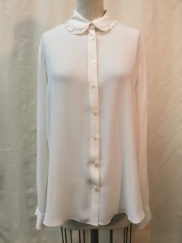 LOFT, Cream, Polyester, Solid, Cream, Button Front, Rounded Collar Attached with Ruffle Trim, Long Sleeves,