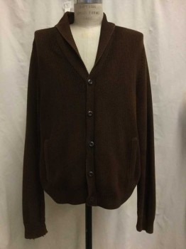 Mens, Cardigan Sweater, BROOKS BROTHERS, Chocolate Brown, Cotton, Solid, L, Chocolate Brown Knit, Button Front, 2 Pockets,, Lightly Distressed