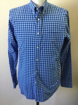 Mens, Casual Shirt, UNIQLO, Royal Blue, Baby Blue, Cotton, Check , M, Button Front, Collar Attached, Button Down Collar, Long Sleeves, 1 Pocket