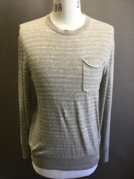 Mens, Pullover Sweater, BANANA REPUBLIC, Taupe, White, Cotton, Stripes - Horizontal , M, Taupe Knit with White Faint Horizontal Stripes, Long Sleeves, Crew Neck, 1 Patch Pocket