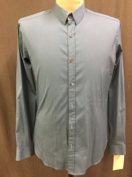 THEORY, Steel Blue, Cotton, Spandex, Solid, Button Front, Collar Attached, Long Sleeves, Slim Fit, Collar Held Down with Swing Tacks