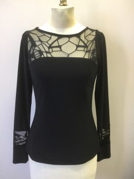 Womens, Top, WANDA AMIEIRO, Black, Polyester, Spandex, B32/34, Abstract Laser Burnout Netting Yoke, L/S with Netting Detail, Pullover, Scoop Neck