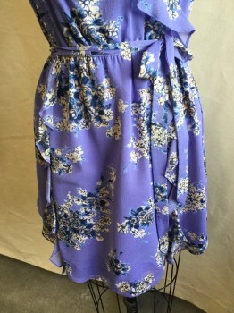 JOIE, Periwinkle Blue, Powder Blue, Teal Blue, Lt Brown, Off White, Silk, Floral, Solid Light Purple Lining, Spaghetti Adjustable Straps, Overlap V-neck, with Ruffle Works & 1 Snap Button, Thin Elastic Waist, 2 Vertical Ruffles on Skirt Front & Back, with 1" SELF BELT