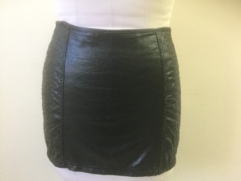Womens, Skirt, Mini, LIP SERVICE, Black, Faux Leather, W:30, Textured/Self Embroidered Sides, Smooth Center, Invisible Zipper at Center Back