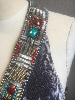 Womens, Top, BEBE, Gray, Black, Turquoise Blue, Silver, Red, Silk, Beaded, Reptile/Snakeskin, S, Gray/Black Snakeskin Pattern Satin, Silver, Red and Turquoise Beads of Various Sizes Covering 1.5" Wide Straps, Deep V Surplice Neckline, Racer Back, Black Satin Waistband with Self Ties