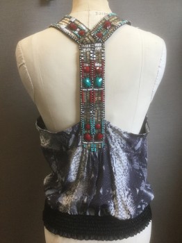 BEBE, Gray, Black, Turquoise Blue, Silver, Red, Silk, Beaded, Reptile/Snakeskin, Gray/Black Snakeskin Pattern Satin, Silver, Red and Turquoise Beads of Various Sizes Covering 1.5" Wide Straps, Deep V Surplice Neckline, Racer Back, Black Satin Waistband with Self Ties
