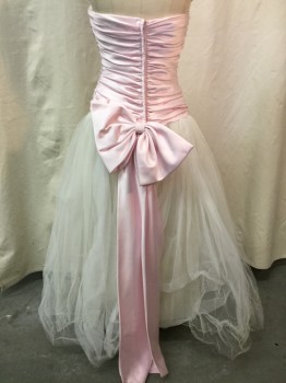 D CREATIONS, Lt Pink, Ivory White, Synthetic, Solid, Pink Pleated Strapless Top, Ivory Net Gathered Skirt