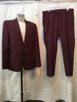 BRAVEMAN, Red Burgundy, Polyester, Rayon, Solid, Single Breasted, 2 Buttons,  Notched Lapel, 3 Pockets