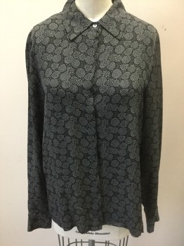 VINCE, Black, Lt Gray, Silk, Floral, Black with Light Gray Dashed Flowers Pattern, Chiffon, Long Sleeve Button Front, Collar Attached, Vents at Each Side Seam Hem