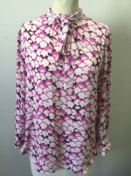 ANN TAYLOR, Lilac Purple, White, Black, Polyester, Floral, Chiffon, Long Sleeves, Stand Collar with Self Ties, Gathered at Center Front Neck, Hook & Eye Closures at Center Back Neck
