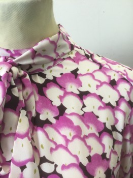 ANN TAYLOR, Lilac Purple, White, Black, Polyester, Floral, Chiffon, Long Sleeves, Stand Collar with Self Ties, Gathered at Center Front Neck, Hook & Eye Closures at Center Back Neck