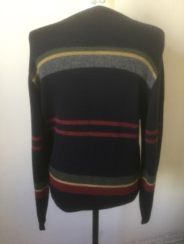 Mens, Pullover Sweater, NAUTICA, Navy Blue, Gray, Maroon Red, Olive Green, Ochre Brown-Yellow, Wool, Acrylic, Stripes - Horizontal , M, Knit, Navy with Muted Color Spaced Out Stripes, Crew Neck