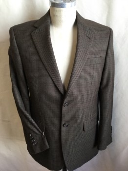 RALPH  LAUREN, Lt Brown, Dk Brown, Teal Green, Maroon Red, Wool, Polyester, Houndstooth, Shinny Brown Lining, Notched Lapel, Single Breasted, 2 Button Front, 3 Pockets, Long Sleeves, 1 Split Back Hem
