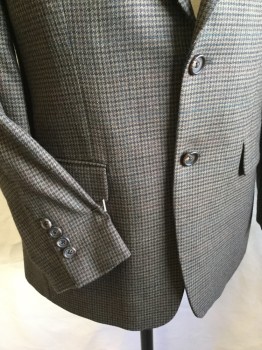 RALPH  LAUREN, Lt Brown, Dk Brown, Teal Green, Maroon Red, Wool, Polyester, Houndstooth, Shinny Brown Lining, Notched Lapel, Single Breasted, 2 Button Front, 3 Pockets, Long Sleeves, 1 Split Back Hem