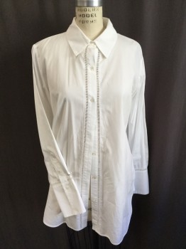 Womens, Blouse, VINCE, White, Cotton, Solid, M, Collar Attached, Button Front, Faggoting Lace Trim Front Center, Long Sleeves Cuffs & Back, Uneven Hem