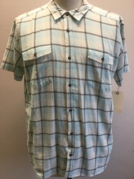 PATAGONIA, Cream, Aqua Blue, Taupe, Cotton, Plaid, Button Front, Collar Attached, Short Sleeves, 2 Pockets,