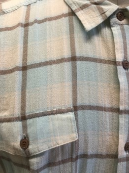 PATAGONIA, Cream, Aqua Blue, Taupe, Cotton, Plaid, Button Front, Collar Attached, Short Sleeves, 2 Pockets,