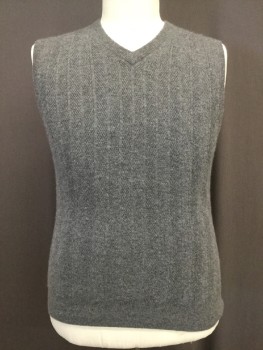 Mens, Sweater Vest, RESERVE, Gray, Cashmere, Heathered, L, V. Neck Sweater Vest with Herringbone and Stripe Knit Pattern