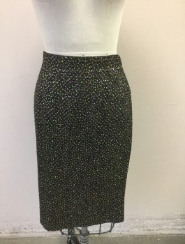 ST.JOHN, Black, Metallic, Gold, Lime Green, Fuchsia Pink, Wool, Rhinestones, Dots, Speckled, Evening Suit, Knit with Metallic Threads, Gold Studs and Lime/Fuchsia Rhinestones, Stretchy Pencil Skirt, Elastic Waist, Knee Length