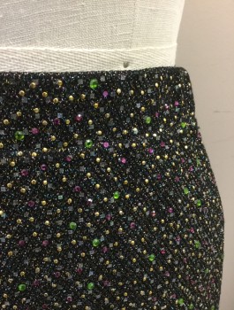 ST.JOHN, Black, Metallic, Gold, Lime Green, Fuchsia Pink, Wool, Rhinestones, Dots, Speckled, Evening Suit, Knit with Metallic Threads, Gold Studs and Lime/Fuchsia Rhinestones, Stretchy Pencil Skirt, Elastic Waist, Knee Length