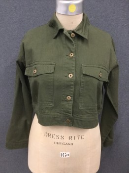 Womens, Jean Jacket, FOREVER 21, Dk Olive Grn, Cotton, Solid, L, Button Front, Collar Attached, Long Sleeves, 2 Large Flap Pockets, Button Tabs Back Waistband