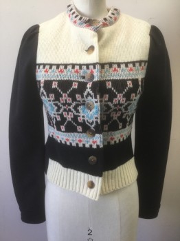 Womens, Casual Jacket, ELEVENSES, Navy Blue, Cream, Lt Blue, Red, Wool, Polyester, Solid, Geometric, 0, Dark Navy (Nearly Black) Felted Wool Long Sleeves and Back, Front is Cream Knit with Navy/Light Blue/Red Snowflakes/Geometric Pattern, 7 Tortoiseshell Buttons at Front, High Crew Neck, Mauve Lining