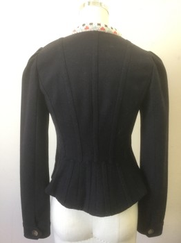 Womens, Casual Jacket, ELEVENSES, Navy Blue, Cream, Lt Blue, Red, Wool, Polyester, Solid, Geometric, 0, Dark Navy (Nearly Black) Felted Wool Long Sleeves and Back, Front is Cream Knit with Navy/Light Blue/Red Snowflakes/Geometric Pattern, 7 Tortoiseshell Buttons at Front, High Crew Neck, Mauve Lining