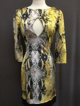 Womens, Cocktail Dress, MARCIANO, Yellow, Black, White, Tan Brown, Viscose, Cotton, Animal Print, W:26, B:34, Poly Satin Reptile Print, Boat Neck, 3/4 Sleeves, Diamond Hole at Bust, Back Zipper,
