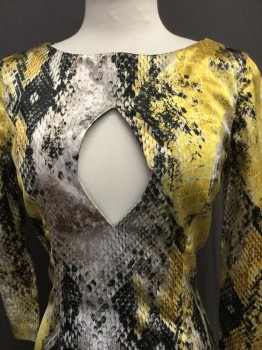MARCIANO, Yellow, Black, White, Tan Brown, Viscose, Cotton, Animal Print, Poly Satin Reptile Print, Boat Neck, 3/4 Sleeves, Diamond Hole at Bust, Back Zipper,