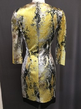 Womens, Cocktail Dress, MARCIANO, Yellow, Black, White, Tan Brown, Viscose, Cotton, Animal Print, W:26, B:34, Poly Satin Reptile Print, Boat Neck, 3/4 Sleeves, Diamond Hole at Bust, Back Zipper,