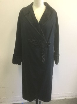 Womens, Coat 1890s-1910s, N/L, Black, Wool, Cotton, Solid, B:42, with Plush Velvet Accents at Large Shawl Lapel and Oversized Cuffs, Asymmetric Closure with 2 Gimp Knotted Button and Loop Closures with Decorative Cording Detail Appliqué with Hanging Tassle, Has Been Re-Lined,