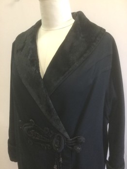 Womens, Coat 1890s-1910s, N/L, Black, Wool, Cotton, Solid, B:42, with Plush Velvet Accents at Large Shawl Lapel and Oversized Cuffs, Asymmetric Closure with 2 Gimp Knotted Button and Loop Closures with Decorative Cording Detail Appliqué with Hanging Tassle, Has Been Re-Lined,