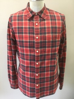 DENIM & SUPPLY RL, Red, Faded Black, Ecru, Cotton, Plaid, Long Sleeve Button Front, Collar Attached, 1 Patch Pocket