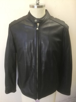 Mens, Leather Jacket, MARC NEW YORK, Black, Leather, Solid, L, Zip Front, Stand Collar, 2 Welt Pockets