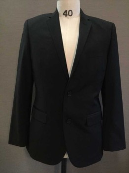 Mens, Suit, Jacket, H&M, Black, Wool, Synthetic, Solid, 38S, Notched Lapel, 2 Buttons,