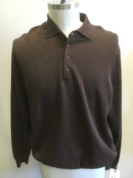Mens, Pullover Sweater, FACONNABLE, Brown, Wool, Heathered, XL, Long Sleeves, 4 Button Placket, Collar Attached,