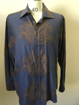 Mens, Casual Shirt, ETRO, Slate Blue, Brown, Cotton, Paisley/Swirls, 16/34, Collar Attached, Button Front, Long Sleeves,