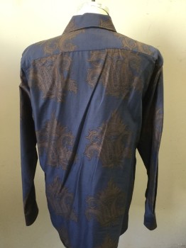 ETRO, Slate Blue, Brown, Cotton, Paisley/Swirls, Collar Attached, Button Front, Long Sleeves,