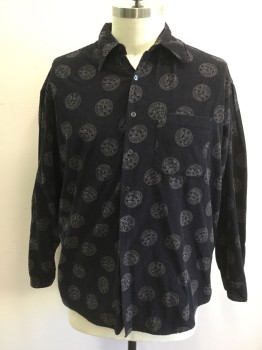 PERRY ELLIS, Black, Gray, Cotton, Medallion Pattern, Corduroy, Black with Circlular Swirl Medallions, Button Front, Collar Attached, Long Sleeves, 1 Pocket