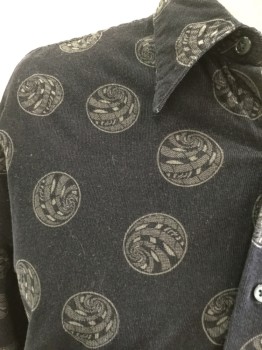 Mens, Casual Shirt, PERRY ELLIS, Black, Gray, Cotton, Medallion Pattern, XL, Corduroy, Black with Circlular Swirl Medallions, Button Front, Collar Attached, Long Sleeves, 1 Pocket