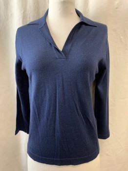 SUNSPEL , Navy Blue, Wool, Silk, Solid, Polo, Collar Attached, V-neck, L/S, Multiples,