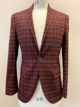 TOPMAN, Red Burgundy, Black, Brown, Polyester, Viscose, Plaid, Notched Lapel, Single Breasted, Button Front, 1 Button, 3 Pockets