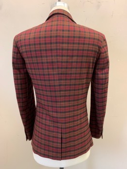 TOPMAN, Red Burgundy, Black, Brown, Polyester, Viscose, Plaid, Notched Lapel, Single Breasted, Button Front, 1 Button, 3 Pockets